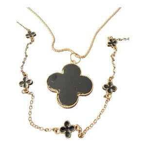 Black Enamel Clover Pendant Necklace Set Gold Tone Layered Chain J17